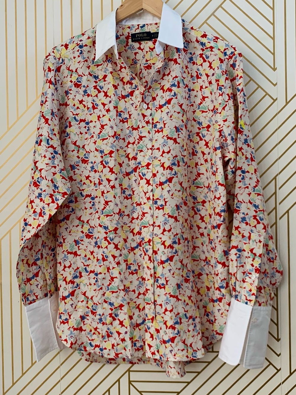 Polo by Ralph Lauren 100% Silk Floral Button Down Shirt contrast collar & sleeve